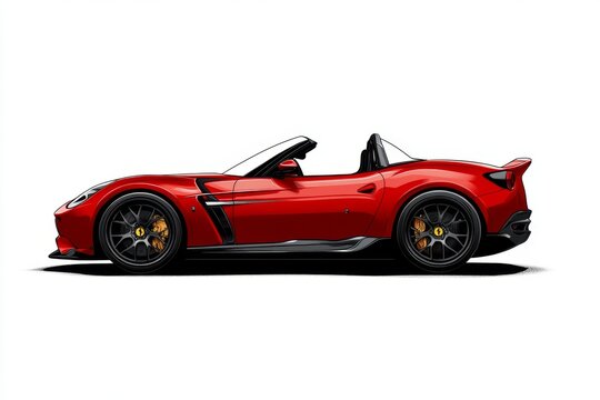 a 2D cartoon illustration of a red convertible car with the top down fun and stylish white background
