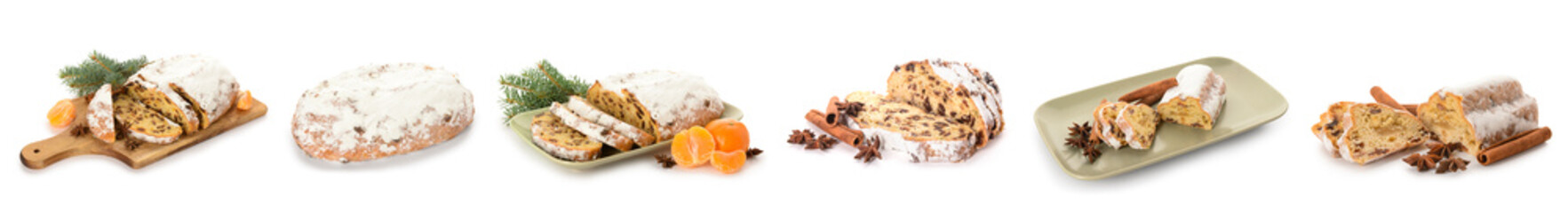 Set of tasty Christmas stollen on white background