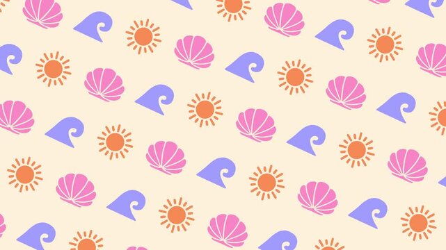 Patr&oacute;n animado de vacaciones de verano en la playa con iconos de olas, soles y conchas