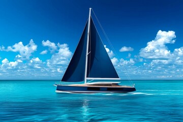 Obraz premium a 2D cartoon illustration of a sailboat on the open sea calm and breezy white background