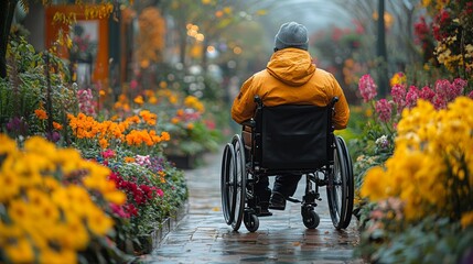 A wheelchair user explores a vibrant flower garden on a sunny day, enjoying nature's beauty