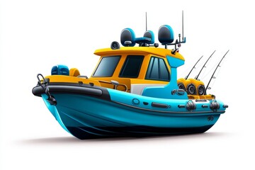 Obraz premium a 2D cartoon illustration of a small boat with fishing rods calm and ready for fishing white background