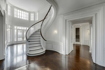Elegant interior featuring a curved staircase and large windows in a modern home.