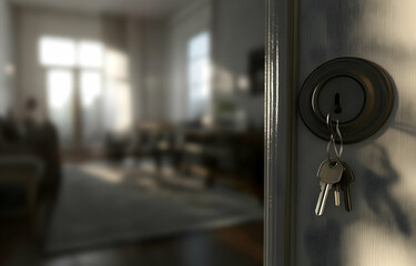 A close-up of a key in a door lock, with a blurred interior in the background.