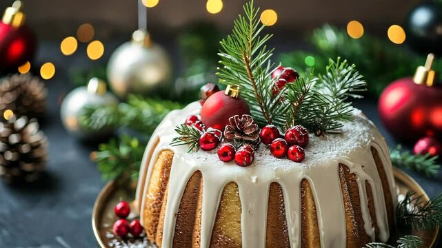 A delicious Christmas cake decorated with pine, berries, and a red ornament