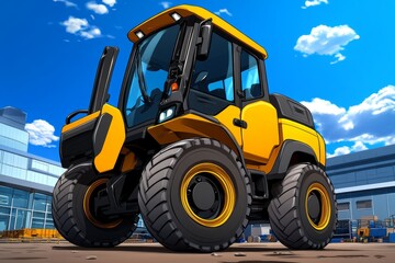 Fototapeta premium a 2D cartoon illustration of a yellow excavator on a construction site strong and reliable white background