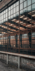Rusty brown window panes reflect industrial building  a gritty urban texture   