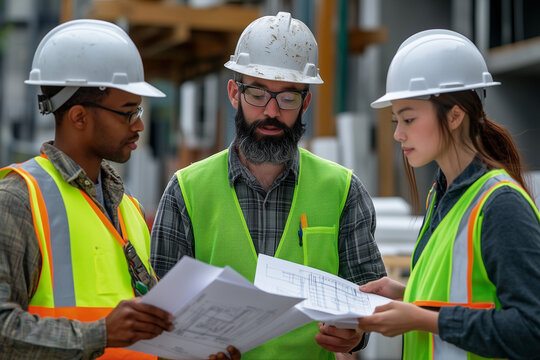A diverse group of construction workers, including two men and one woman, in hard hats and safety vests, discuss blueprint plans at a construction site, emphasizing teamwork and collaboration.