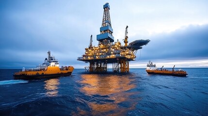 The early morning light enhances the serene waters of the North Sea while highlighting an oil and gas platform surrounded by industrial activity