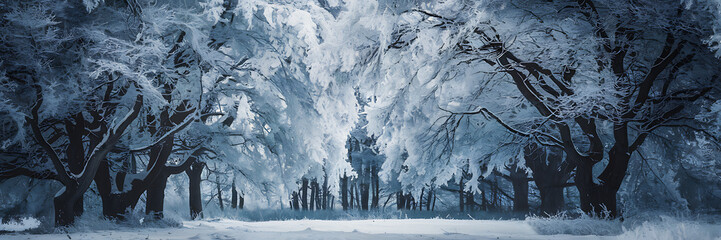 Obraz premium Snowy trees in a winter forest dark branches and white snow a magical and enchanting winter wonderland 
