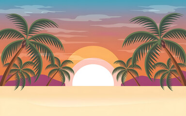 Obraz premium Palm trees and sunset orange and green tropical beach scene summer vacation 