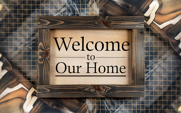 Rustic wooden sign with welcome message in brown and beige  welcoming home decor  cozy and inviting   