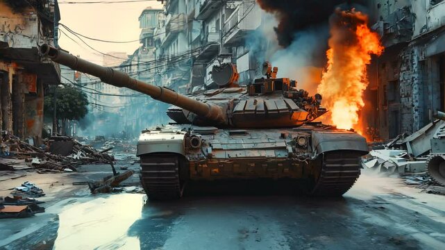 An extremely destructive and chaotic battlefield scene showcases a tank surrounded by flames amid urban ruins