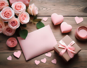 Valentine's day background with blush roses, pink envelope, pink hearts and a gift box on wooden table. 
