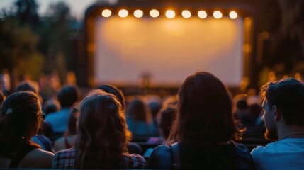 The distant outline of the screen and the swaying silhouettes of the crowd give a serene quality to the outdoor movie night.