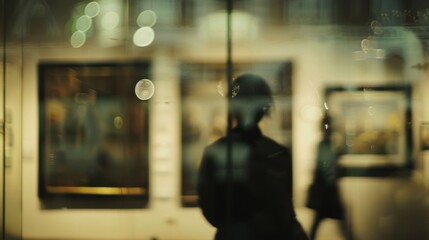 Blurry silhouettes against a backdrop of framed artworks.
