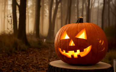 Spooky Halloween pumpkin glowing in a misty forest  orange and brown   
