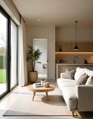 Fototapeta premium The living room has a big glass door on one side and is style with a hint of Scandinavian vibe. The furniture is neutral but has a contemporary twist.