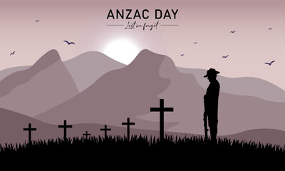 Vector illustration of beauty landscape. Remembrance day symbol. Lest we forget. Anzac day background with australian soldier and beauty landscape