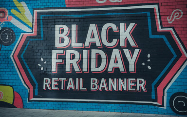 Fototapeta premium Black Friday retail banner on a brick wall with blue and red colors 