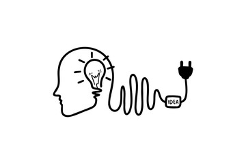 Creative concept of a minimalistic human head with a light bulb and plug symbolizing the flow of ideas and inspiration in a digital age