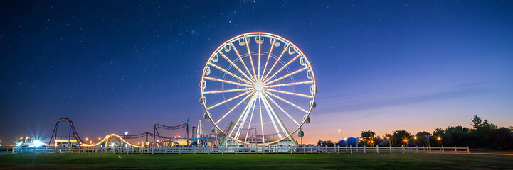 A Ferris wheel and roller coaster under a starry night sky  illuminated with warm lights  evokes a sense of wonder and excitement   