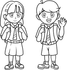 Boy and girl with backpacks line art