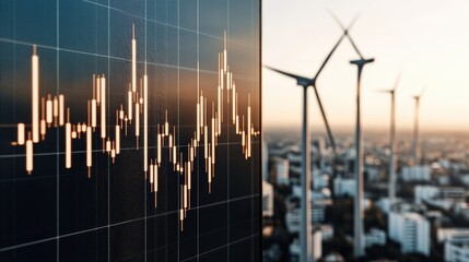A stock market graph overlays wind turbines, illustrating the connection between finance and renewable energy during twilight hours