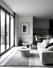 living room with a big glass door on one side of the room. The stye of scandinavian feeling. The furnitures are neutral colours with a twist