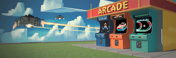 Retro arcade game machines with pixelated graphics in a blue sky with clouds  Nostalgic 80s gaming   
