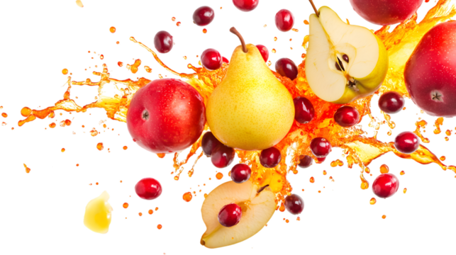 A dynamic explosion of fall fruits like apples, pears, and cranberries, with vibrant juice splashes. Isolated on white background