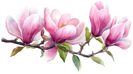 Obraz premium A watercolor painting of a branch of pink magnolia flowers with green leaves on a white background.