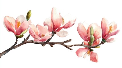 Obraz premium A watercolor painting of a magnolia tree branch with five pink flowers and buds.