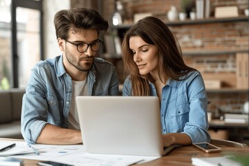 Middle Aged Latin Female Manager and Young Male Worker Collaborating on Laptop Discussing Business Plan in Office Meeting