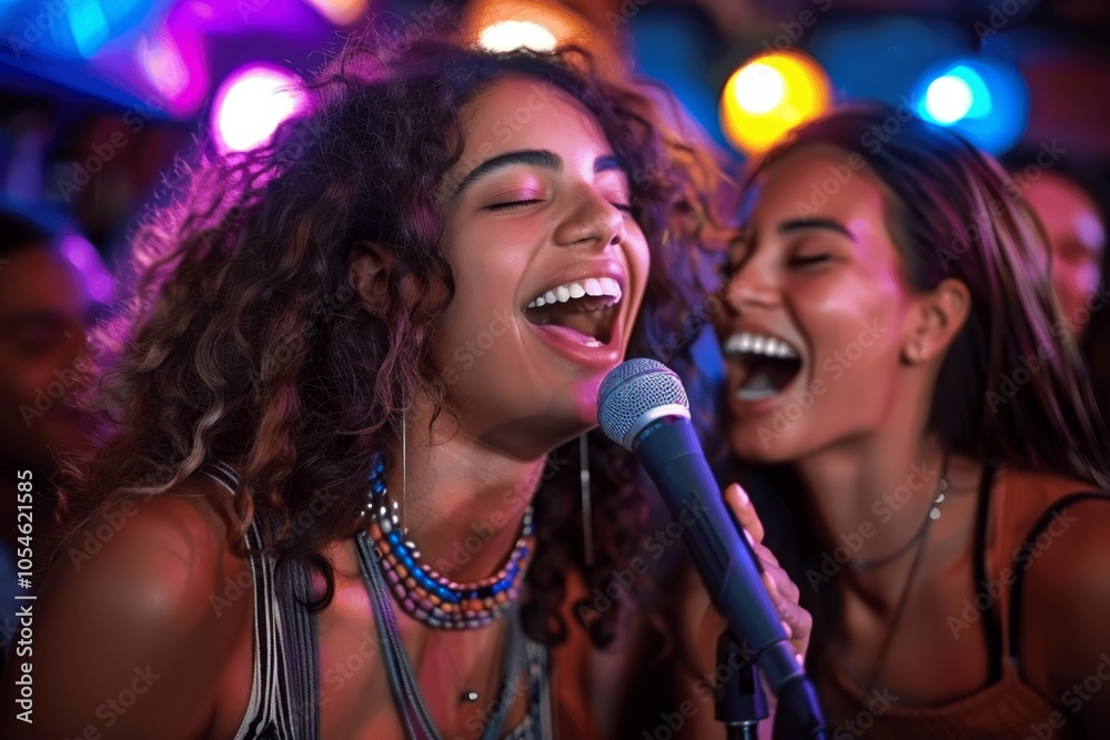 Wall mural diverse young friends having fun singing karaoke in night club laughing celebrating together