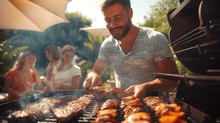 Family friends having fun making barbecue in garden grilling meat home party outdoors summer cooking celebration