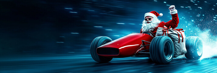 crazy santa claus in fast moving red formula race car blue wide panorama background with copy space. funny christmas concept gift delivery