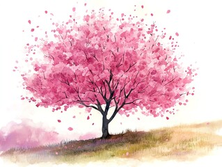 Obraz premium Watercolor painting of a blooming cherry tree with pink petals falling from its branches.