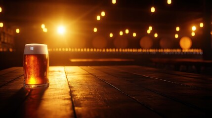 A glass of beer on a rustic wooden table with warm ambient lighting.