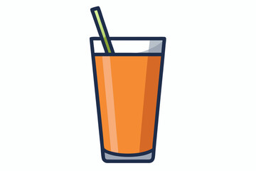  Tall glass full of orange carrot juice with the drinking straw, isolated over white background