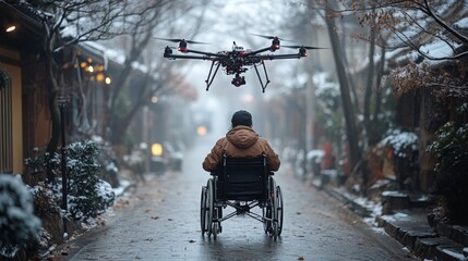 Obraz premium Wheelchair user gets a drone delivery on a snowy street in a quiet winter neighborhood