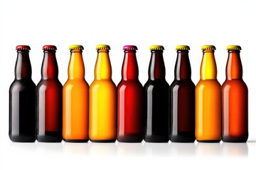 A vibrant array of beer bottles in various colors lined up on a white background.