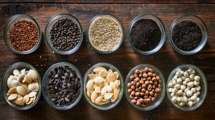 Assortment of Seeds and Grains in Glass Bowls 