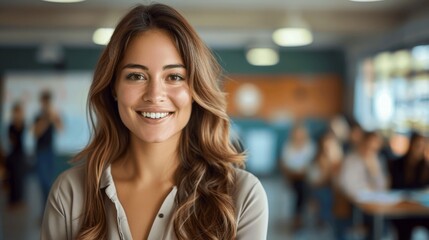 Obraz premium Smiling Business Woman Teacher Standing in School Hall with Students and Teachers in Background
