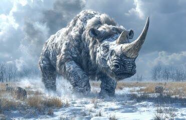 Prehistoric rhinoceros in snowy landscape with stormy sky