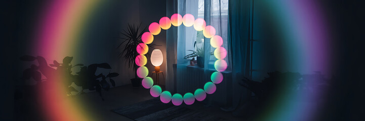 Abstract colorful lights and a lamp in a dark room create a cozy and relaxing atmosphere   