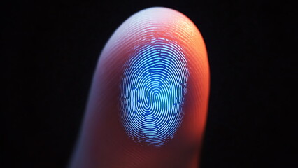 A close-up photo of the fingertip with a detailed light blue fingerprint pattern.