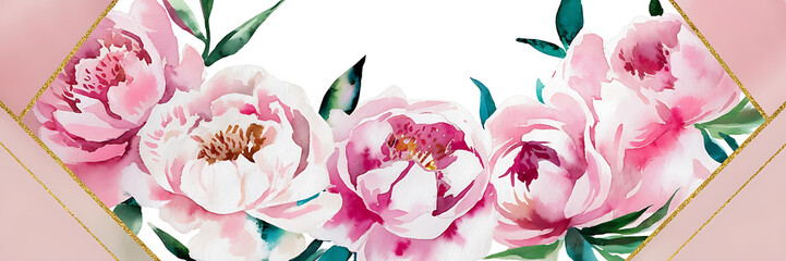 Pink watercolor peonies with gold accents for romantic wedding invitations and floral designs   