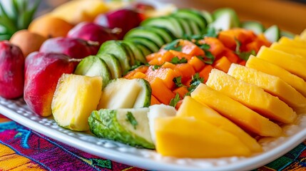 A platter of fresh fruit, featuring pineapple, papaya, and melon.