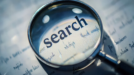 A magnifying glass highlights the word search printed in a dictionary, capturing the essence of curiosity and discovery of information